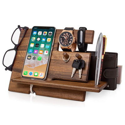 Handgefertigt Natur Walnussholz Telefon Docking Station Schlüsselhocker Brieftaschenhalter Stand Uhr Organisator