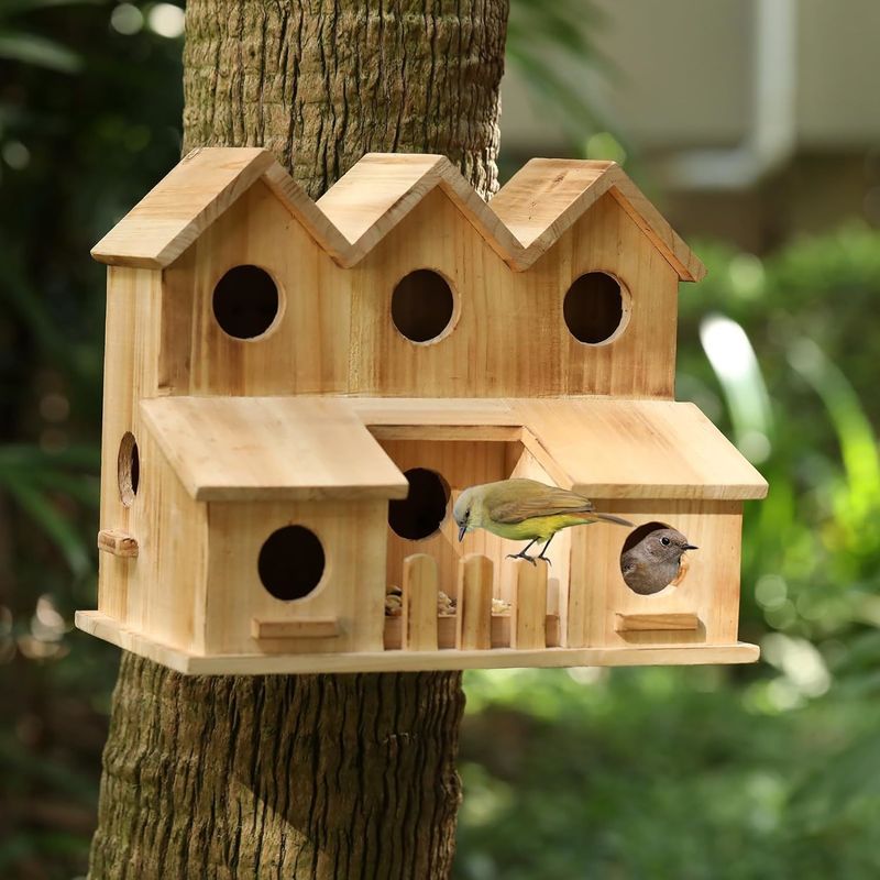 Handgefertigtes Holz-Vogelhaus mit 8 Löchern Schiebetäcke Stil Unfertiges Birkenholz Farbe