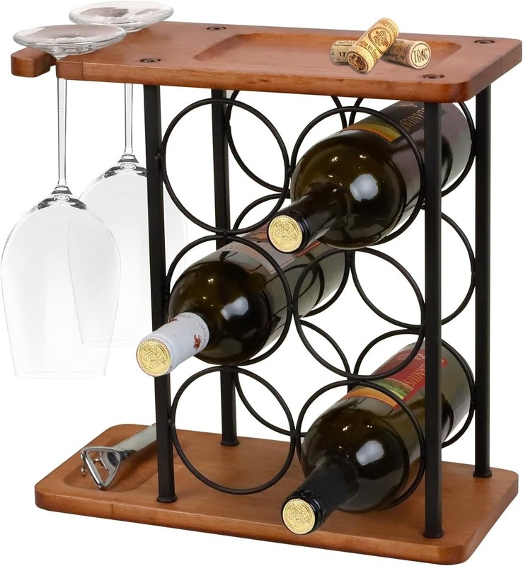 Holz-Winständer mit Tellern, 6 Flaschen und 2 Glaser