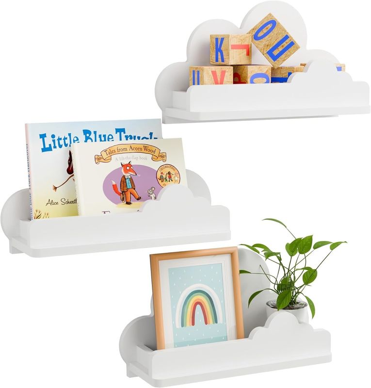 Handgefertigtes Holz-Weißwolken-Buchregal Dekorativ Wandmontiertes Regal mit kleiner Figur