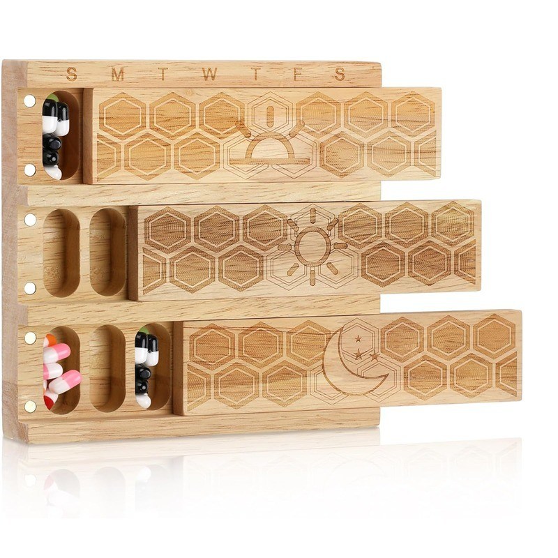 Kompakter Holz wöchentlicher Pillenorganisator Halter täglicher Dispenser Pillen Sorter Pillenbehälter