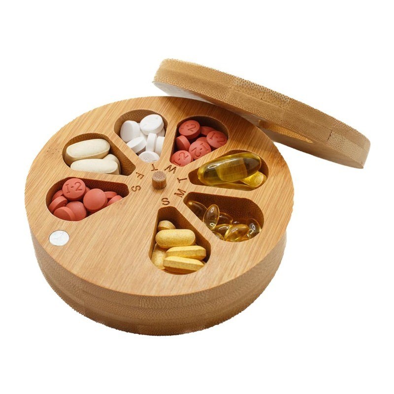 202405 Holz tägliche wöchentliche Reise Pille Organisator und Pille Halter Vitamin Medizin Case Box