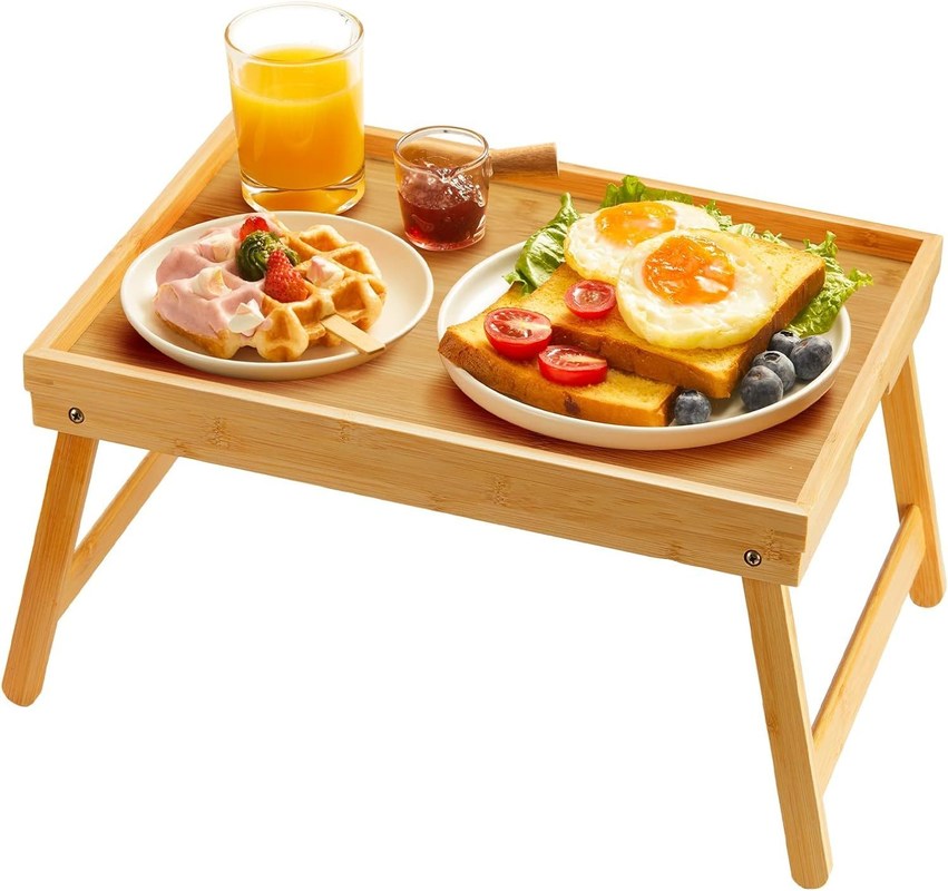Frühstückservice Bambus-Bettbecher Tisch Modernes Design 16,92 x 12,6 Zoll mit Klappbeinen