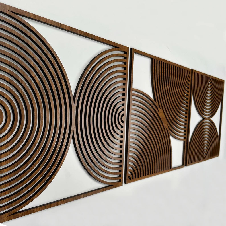 Set aus 3 Boho-Hausgeschenken Großes Holz Wandkunstwerk mit Midcentury Modern Style und Custom Logo