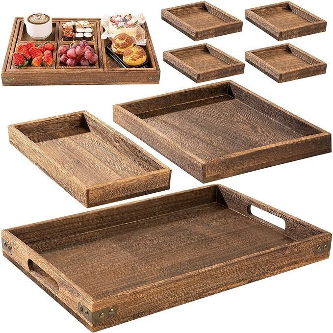 Set von 7 Trays aus Akazienholz, rustikaler Stil, mit Griff und kostenloser Probegebühr