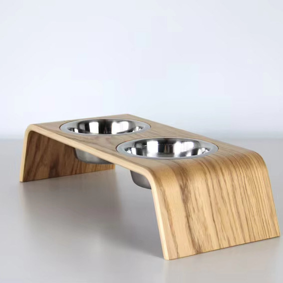 202407 Haustiergeschenk Personalisierte Holz-Erhöhung Lebensmittelstand mit zwei Edelstahlschalen
