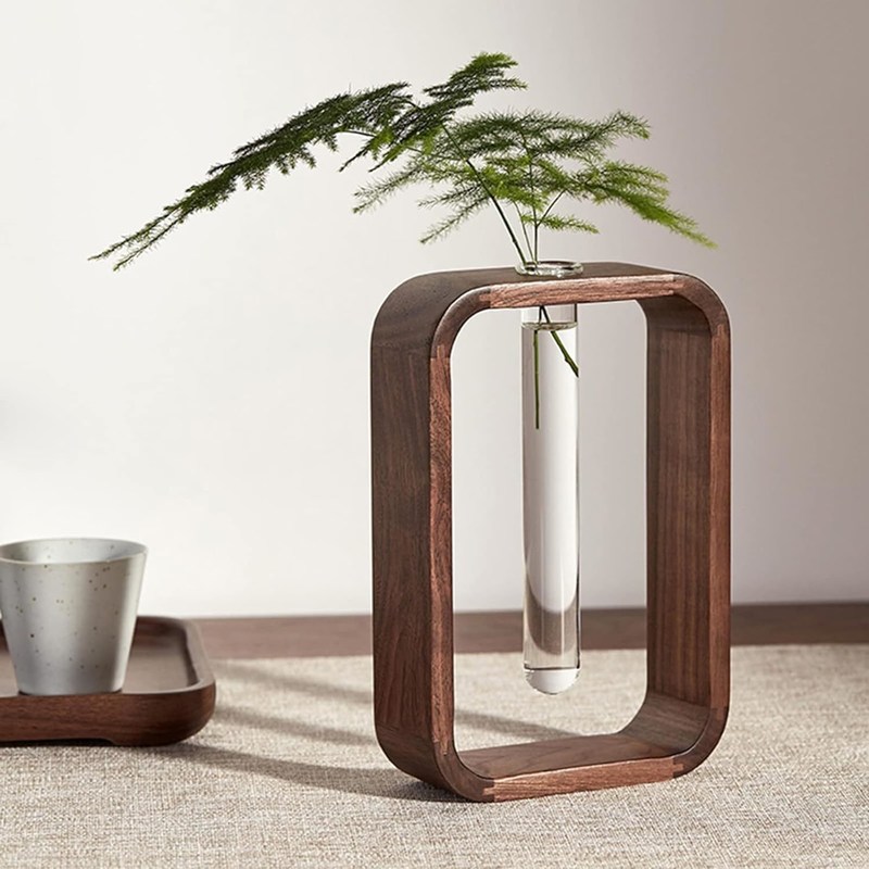 Gartenpflanzen Dekor Durchsichtig Glas Vase Pflanzenhalter Kleine Größe Walnuss Rechteck Holzrahmen Blumenstand Tisch