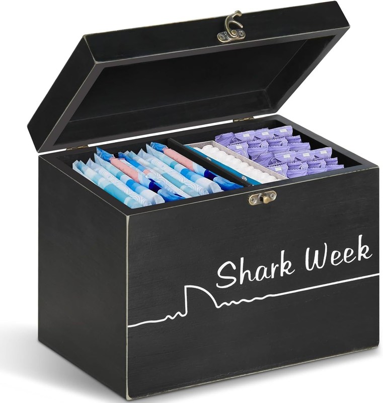 Shark Week Tamponspeicher mit Tablettdeckel Holz geschnitzter weiblicher Produktorganisator