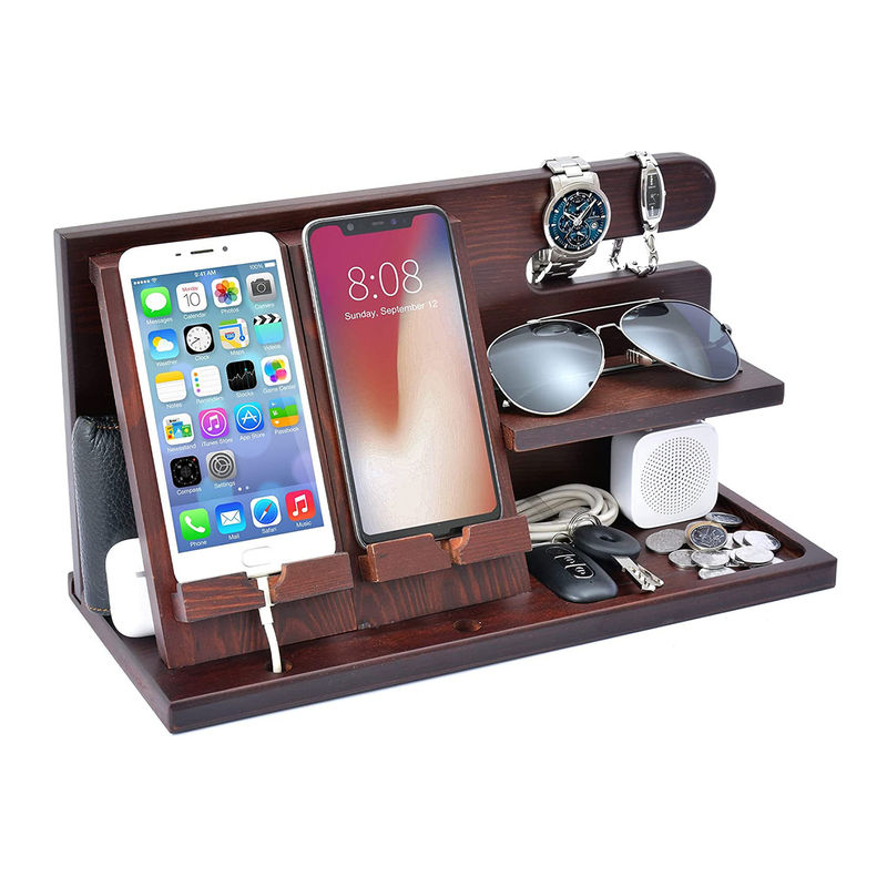 Personalisiertes Logo Holz Telefonstand Organisator für Männer Brieftasche Uhr Docking Station