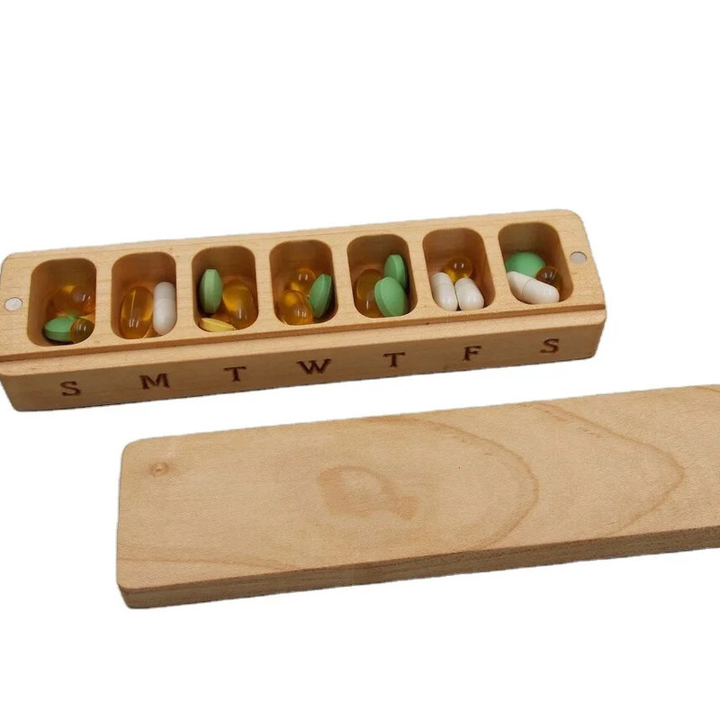 Mini Holzkiste Portable Medizin Behälter 7 Tage Pille Fall Organisator Natur Ornament