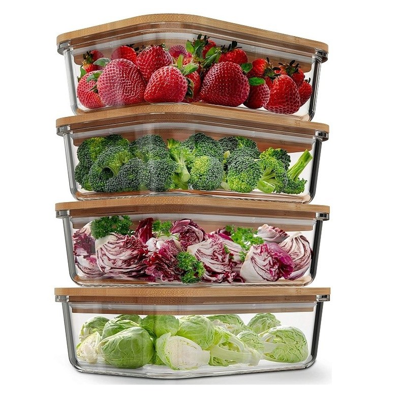Bequeme 4-pack-Glas-Lebensmittelbehälter mit Bambusdeckeln Einfaches offenes Design