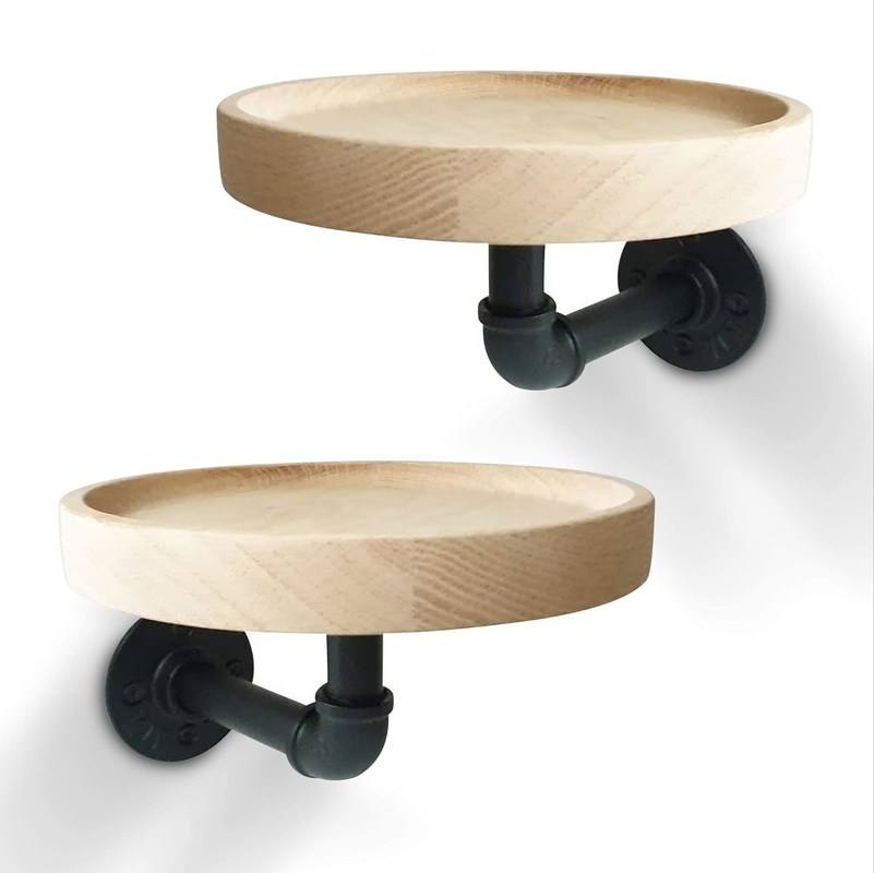 Postverpackung N Kleine runde schwimmende Eckregale aus massivem Holz für die Einrichtung von Wohnzimmern