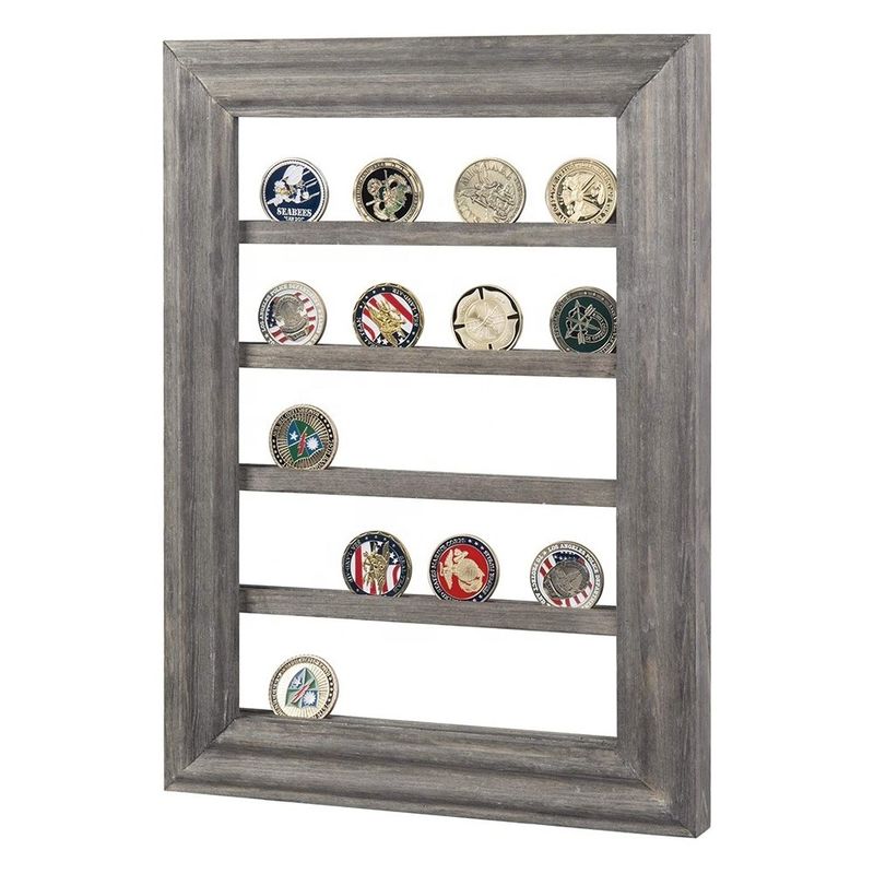 5-Tier Vintage Grau Holz Druck Verbrannte Herausforderung Münze Display Rack für Wandmontage