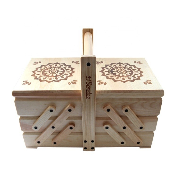 3 Stufen klappbare Kantelier Nähbox mit Griff 38x23,5x30cm Verbrannte Oberfläche