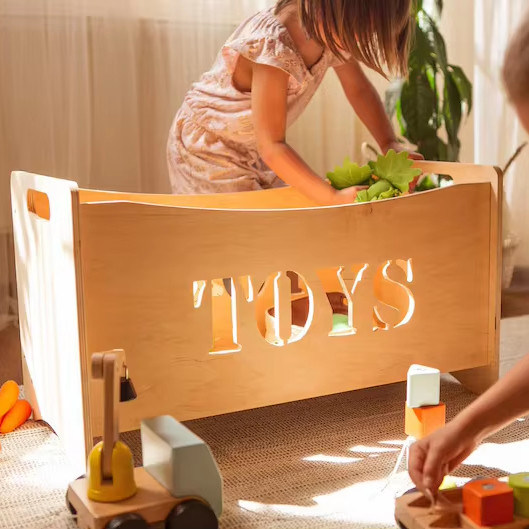 Verbrannte Holz- und Glas-Spielzeug-Organisator-Box für Montessori-Möbel im Kleinkind-Spielzimmer