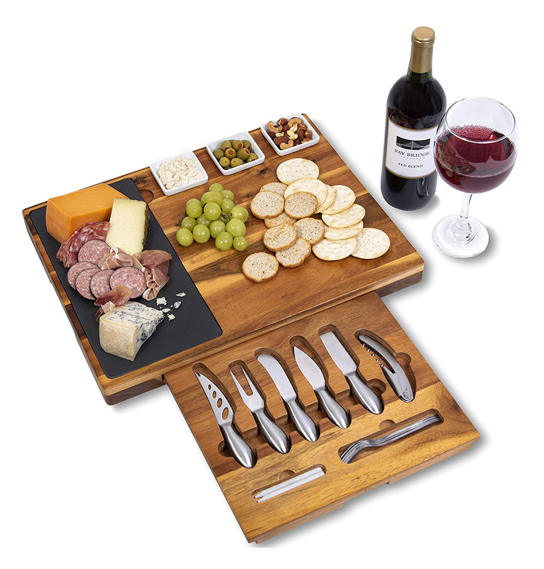Siebdruck 19 Stück Acacia Holz Schiefer Käse Board und Messer Set für Fleisch Wein Käse