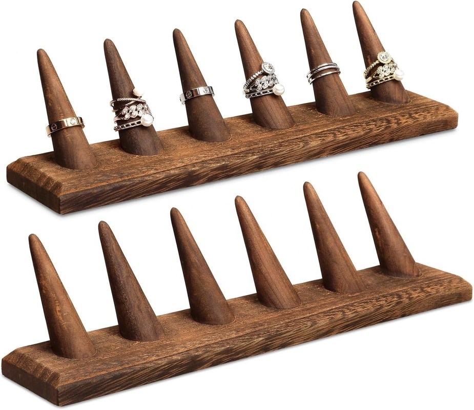 Doppelstufiger Holzschmuck Finger Ring Display Stand Organisator mit Logo Design